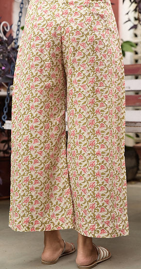 Cream green block printed palazzo