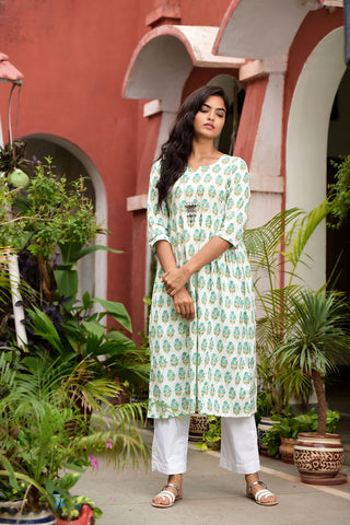 white turqoise blue block printed kurta