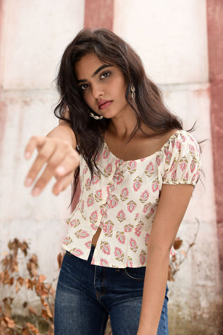 Cream pink block printed cropped top 