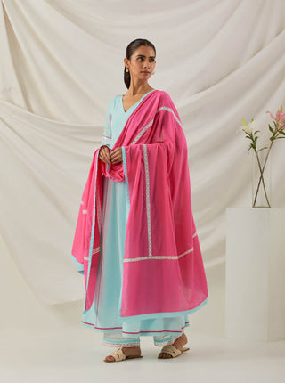 Blue Plain Markab Anarkali Kurta With Chikankari Border and Palazzo with lace detail & Dupatta (Set of 3) Left View