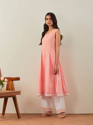 Peach Chikankari Mastani Kalidar A-Line Kurta and Palazzo with lace detail (Set of 2) Left Side View