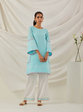 Blue Chikankari Pak Wide Arm Kurta and Palazzo with lace detail (Set of 2)