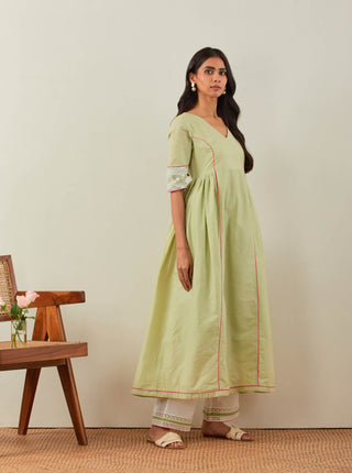 Green Plain Markab Anarkali Kurta With Chikankari Border Left Side View