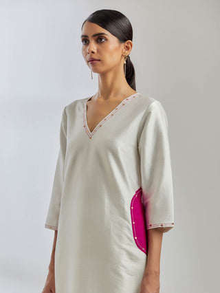 White Raw Silk Mira Kurta With White Palazzo (Set Of 2) Left Side View