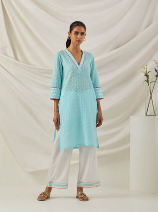 Blue Chikankari Kali Short Kurta and Palazzo with lace detail (Set of 2) Full View