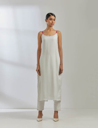 White Silk Strappy Kurta With White Pant And Pink Raw Silk Cape(Set Of 3)