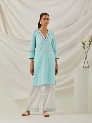 Blue Plain Kali Short Kurta With Chikankari Detail and Palazzo with lace detail (Set of 2)