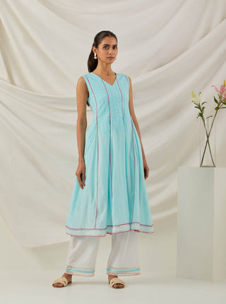 Blue Chikankari Mastani Kalidar A-Line Kurta and Palazzo with lace detail side view