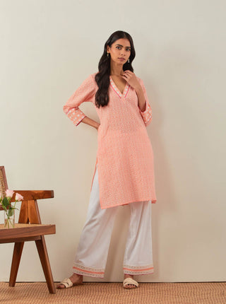 Peach Chikankari Kali Short Kurta and Palazzo with lace detail & Dupatta (Set of 3) Front view