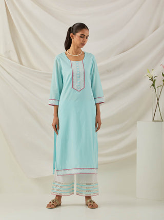 Blue Plain Rozana Straight Kurta With Chikankari Placket and Palazzo with wide lace detail (Set of 2)