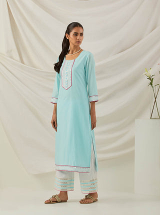 Blue Plain Rozana Straight Kurta With Chikankari Placket Left View