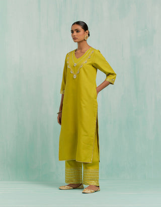 Lemon Green Mira Straight Kurta And Palazzo With Gold Silver Gota Details & Dupatta (Set Of 3)