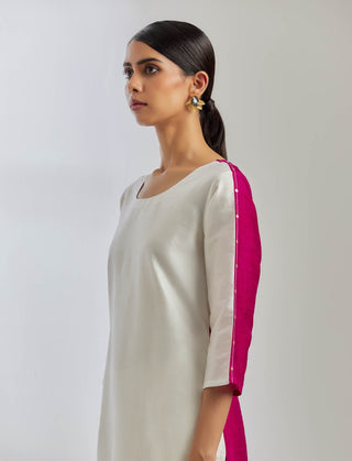 White/Pink Raw Silk Half And Half Kurta Left Side View