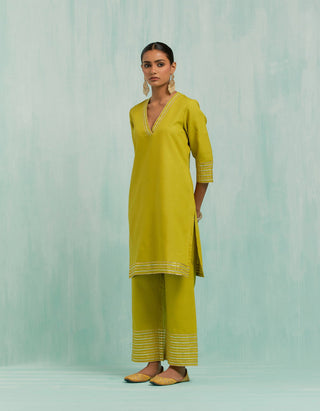 Lemon Green Kali Short Kurta And Palazzo With Gold Silver Gota Details & Dupatta (Set Of 3)