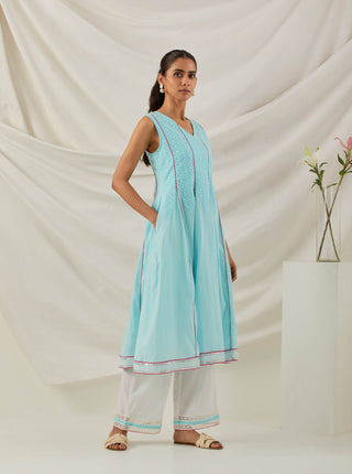 Blue Chikankari Mastani Kalidar A-Line Kurta and Palazzo with lace detail & Dupatta (Set of 3) Right view