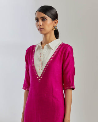 Pink Raw Silk Collared Kurta Side View