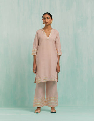 Pale Pink Kali Short Kurta And Palazzo With Gold Silver Gota Details (Set Of 2)