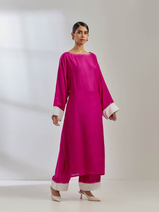 Pink Silk Kaftan Kurta With Palazzo (Set Of 2) Full Front View