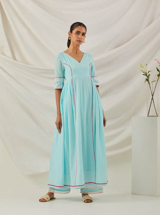 Blue Plain Markab Anarkali Kurta With Chikankari Border and Palazzo with lace detail & Dupatta (Set of 3) Full Front View