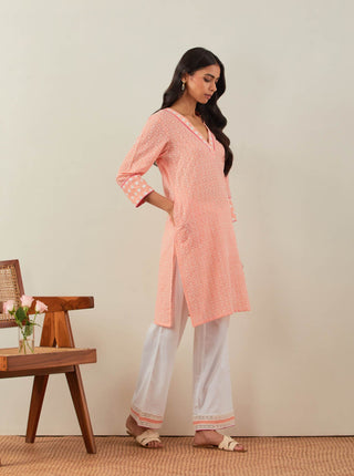 Peach Chikankari Kali Short Kurta and Palazzo with lace detail & Dupatta (Set of 3) Right View