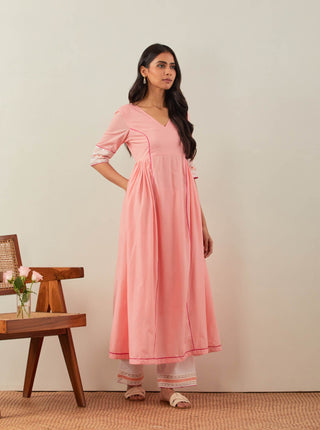 Peach Plain Markab Anarkali Kurta With Chikankari Border and Palazzo with lace detail & Dupatta (Set of 3) Full Right View