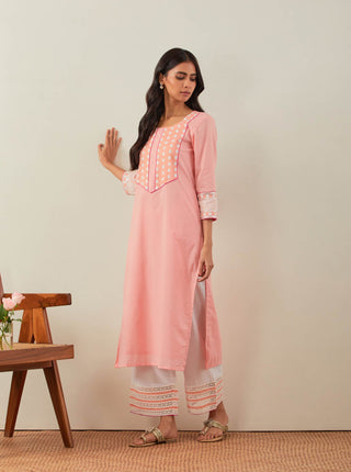 Peach Plain Rooh Straight Kurta With Chikankari Yoke Details Side View