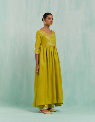 Lemon Green Naaz Anarkali Kurta And Palazzo With Gold Silver Gota Details & Dupatta (Set Of 3)