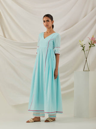 Blue Plain Markab Anarkali Kurta With Chikankari Border Left view