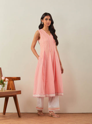Peach Chikankari Mastani Kalidar A-Line Kurta and Palazzo with lace detail & Dupatta  right side view 