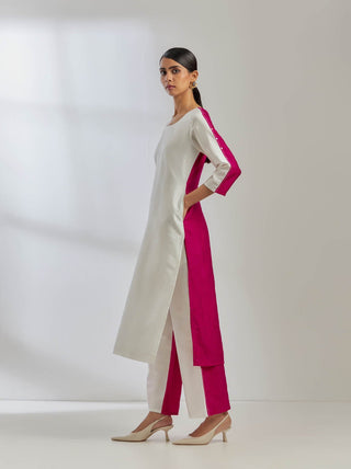 White/Pink Raw Silk Half And Half Kurta Left Side Full View