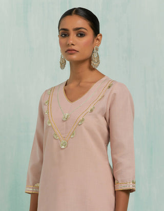 Pale Pink Mira Straight Kurta And Palazzo With Gold Silver Gota Details & Dupatta (Set Of 3)