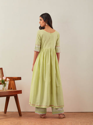 Green Plain Markab Anarkali Kurta With Chikankari Border and Palazzo with lace detail (Set of 2) Back View