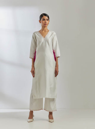 White Raw Silk Mira Kurta With White Palazzo (Set Of 2) Full Front View