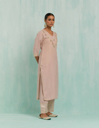 Pale Pink Mira Straight Kurta And Palazzo With Gold Silver Gota Details (Set Of 2)