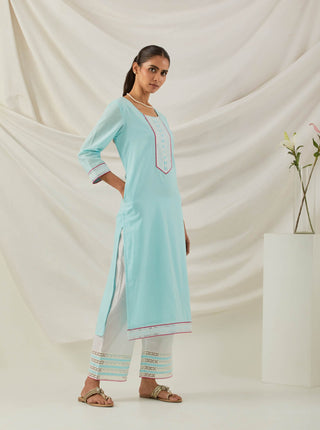 Blue Plain Rozana Straight Kurta With Chikankari Placket and Palazzo with wide lace detail & Dupatta (Set of 3) Right View