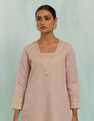 Pale Pink Rukhsaar Straight Kurta And Palazzo With Gold Silver Gota Details & Dupatta (Set Of 3)