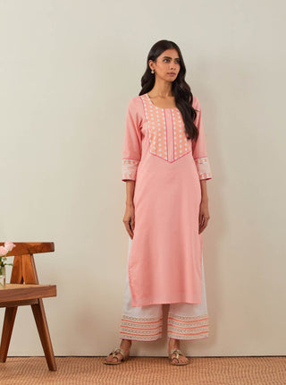 Peach Plain Rooh Straight Kurta With Chikankari Yoke Details and Palazzo with wide lace detail & Dupatta (Set of 3) Full Set View