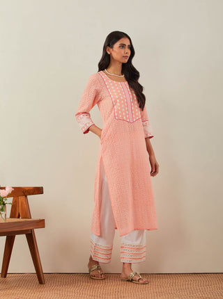 Peach Chikankari Rooh Straight Kurta and Palazzo with wide lace detail & Dupatta (Set of 3) Right View