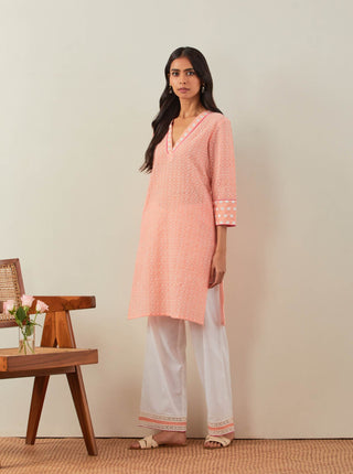 Peach Chikankari Kali Short Kurta and Palazzo with lace detail & Dupatta (Set of 3) Left View