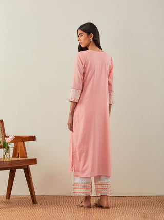 Peach Plain Rooh Straight Kurta With Chikankari Yoke Details and Palazzo with wide lace detail (Set of 2) back view