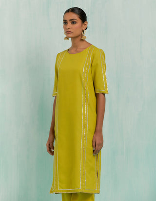 Lemon Green Rukbat Kurta And Salwar With Gold Silver Gota Details & Dupatta (Set Of 3)