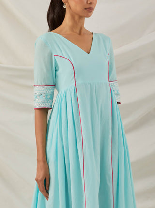 Blue Plain Markab Anarkali Kurta With Chikankari Border Right View