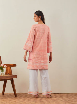 Peach Chikankari Pak Wide Arm Kurta and Palazzo with lace detail (Set of 2) Back View