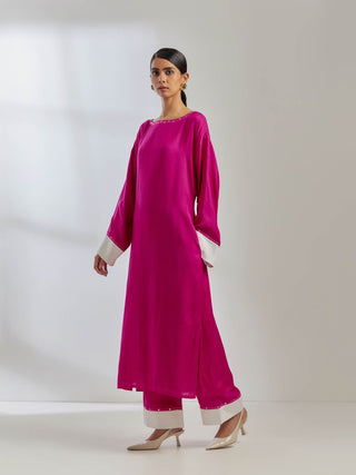 Pink Silk Kaftan Kurta With Palazzo (Set Of 2) Full Left View