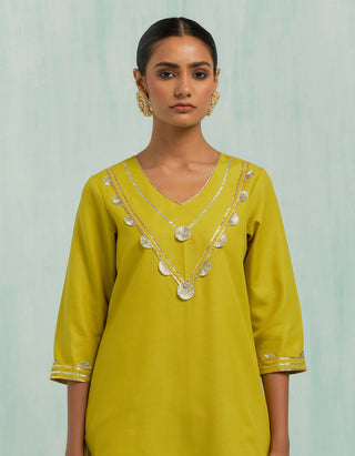 Lemon Green Mira Straight Kurta And Palazzo With Gold Silver Gota Details & Dupatta (Set Of 3)