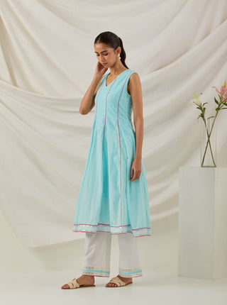 Blue Chikankari Mastani Kalidar A-Line Kurta and Palazzo with lace detail & Dupatta (Set of 3) left View