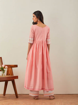 Peach Plain Markab Anarkali Kurta With Chikankari Border Back Side View