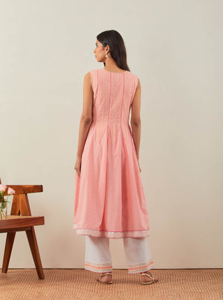 Peach Chikankari Mastani Kalidar A-Line Kurta and Palazzo with lace detail (Set of 2) Back side View