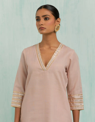 Pale Pink Kali Short Kurta And Palazzo With Gold Silver Gota Details & Dupatta (Set Of 3)