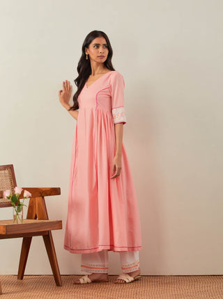 Peach Plain Markab Anarkali Kurta With Chikankari Border and Palazzo with lace detail & Dupatta (Set of 3) Left View